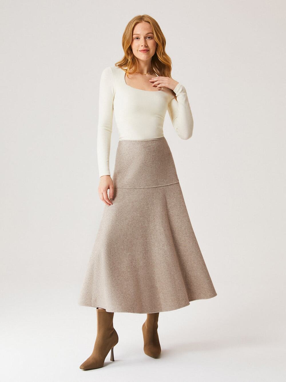 OGL Wool-like Cash Soft Flared Maxi Skirt in Heather Oatmeal XS NWT